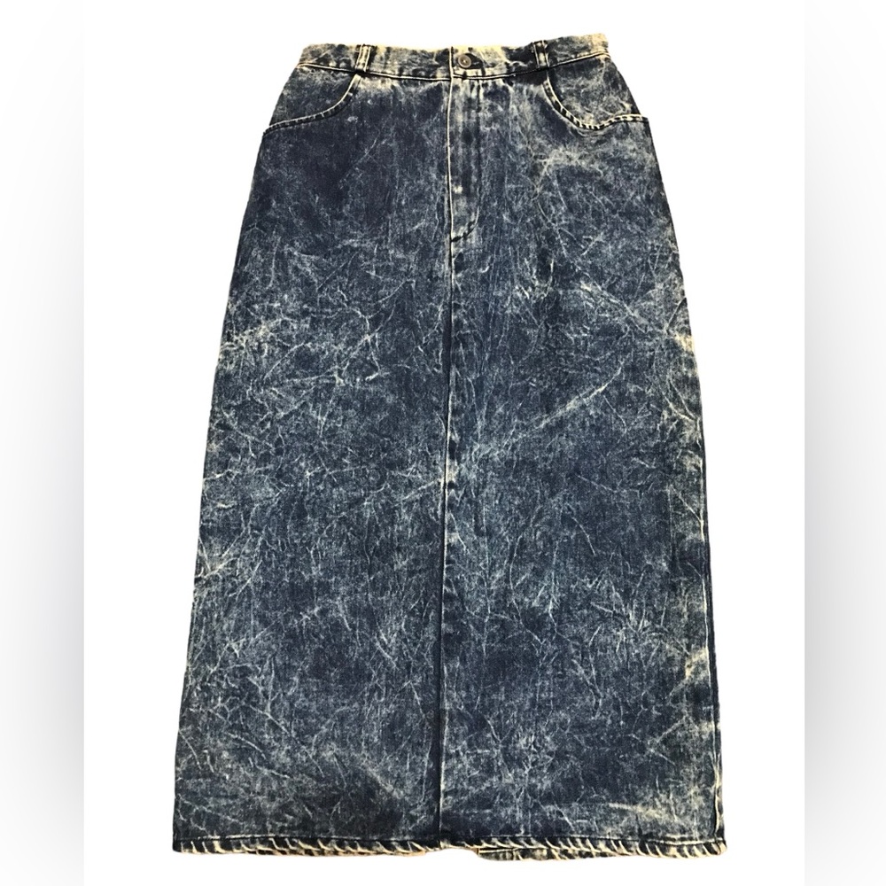 Fritzi II True Vintage Acid Wash Denim Midi Skirt Pockets Size 8 Button Zip